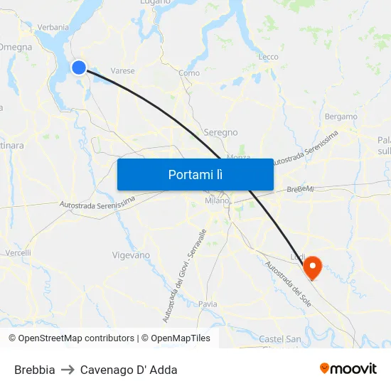Brebbia to Cavenago D' Adda map