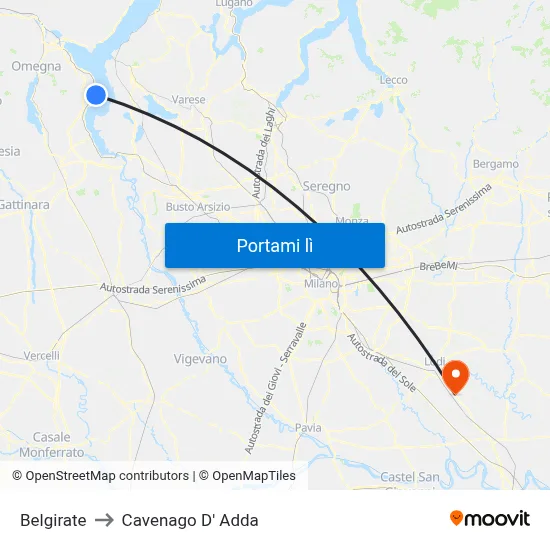 Belgirate to Cavenago D' Adda map