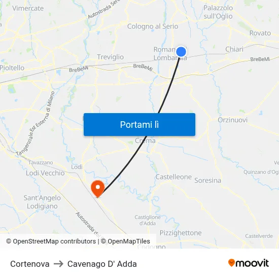 Cortenova to Cavenago D' Adda map