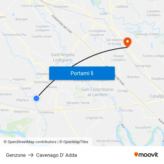Genzone to Cavenago D' Adda map