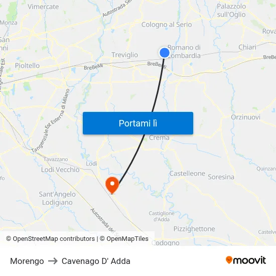 Morengo to Cavenago D' Adda map