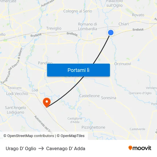 Urago D' Oglio to Cavenago D' Adda map