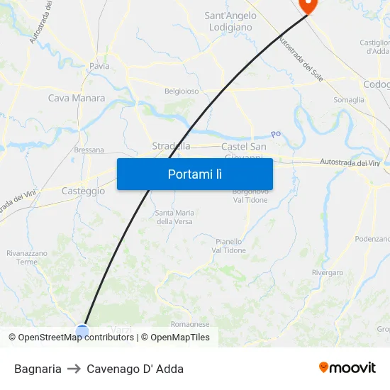 Bagnaria to Cavenago D' Adda map