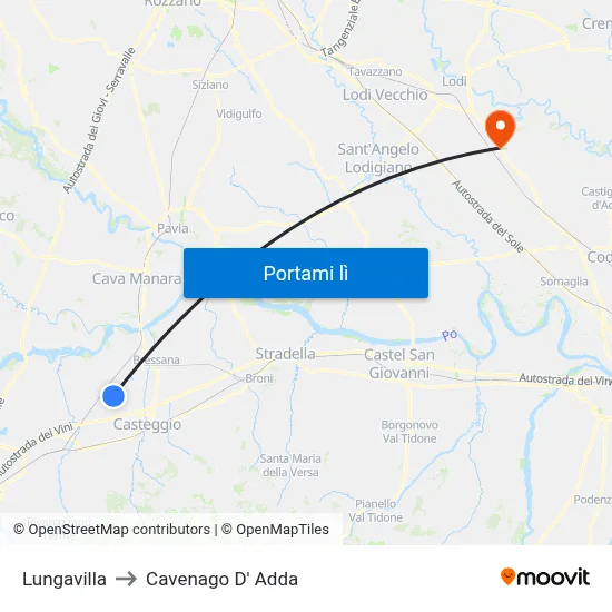 Lungavilla to Cavenago D' Adda map