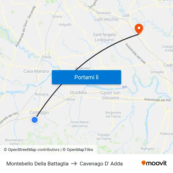 Montebello Della Battaglia to Cavenago D' Adda map