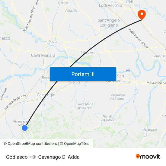 Godiasco to Cavenago D' Adda map