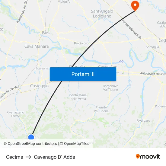 Cecima to Cavenago D' Adda map