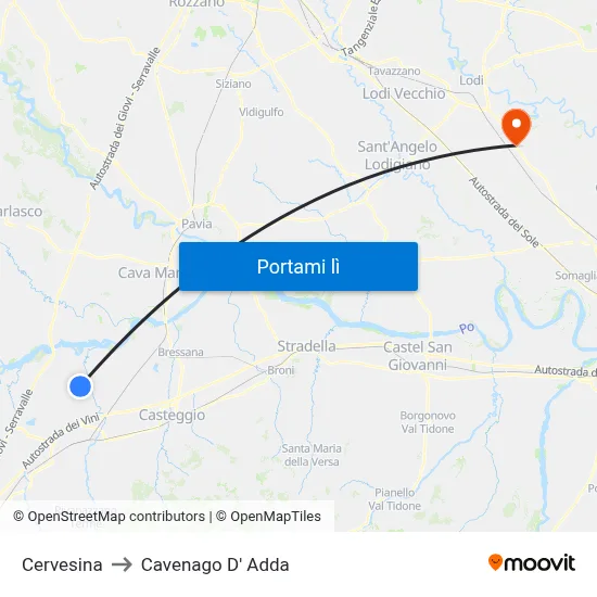 Cervesina to Cavenago D' Adda map
