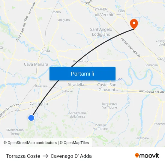 Torrazza Coste to Cavenago D' Adda map