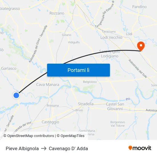 Pieve Albignola to Cavenago D' Adda map