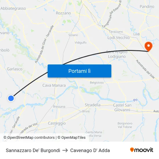 Sannazzaro De' Burgondi to Cavenago D' Adda map