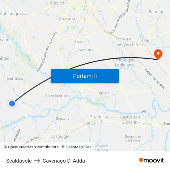 Scaldasole to Cavenago D' Adda map