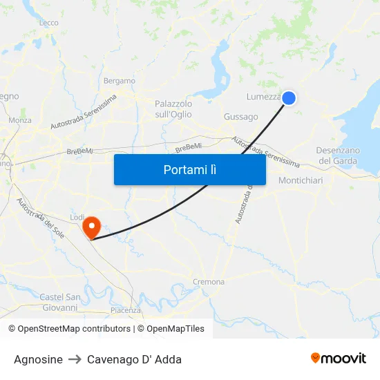 Agnosine to Cavenago D' Adda map