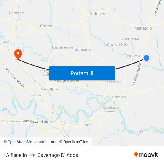 Alfianello to Cavenago D' Adda map