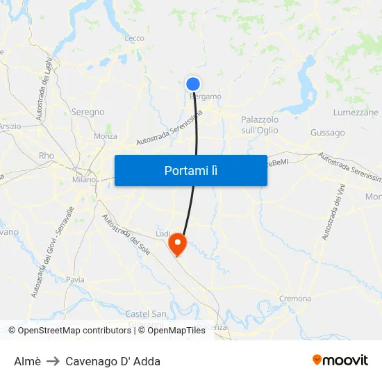 Almè to Cavenago D' Adda map