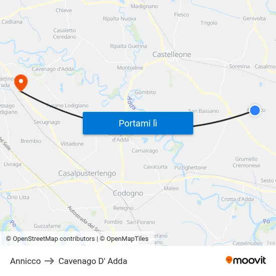 Annicco to Cavenago D' Adda map