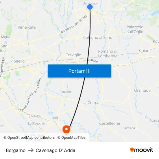 Bergamo to Cavenago D' Adda map