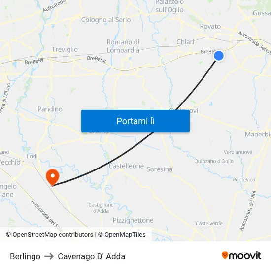 Berlingo to Cavenago D' Adda map