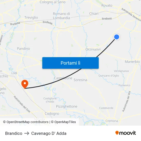 Brandico to Cavenago D' Adda map