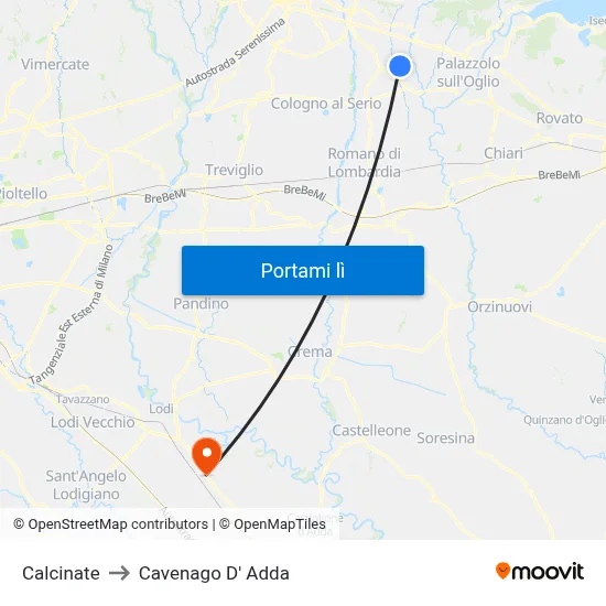 Calcinate to Cavenago D' Adda map
