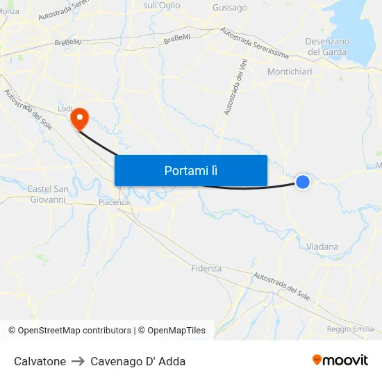 Calvatone to Cavenago D' Adda map