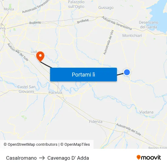 Casalromano to Cavenago D' Adda map