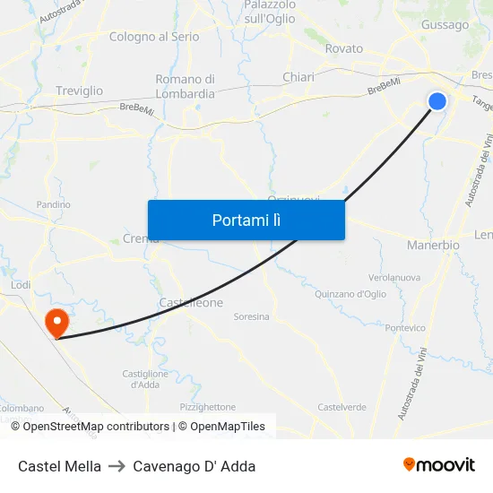 Castel Mella to Cavenago D' Adda map
