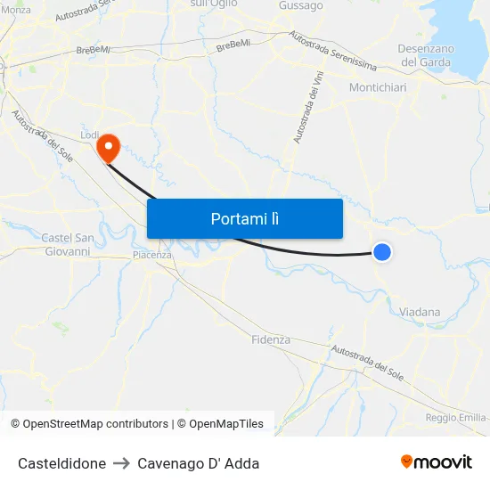 Casteldidone to Cavenago D' Adda map