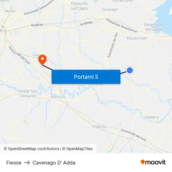 Fiesse to Cavenago D' Adda map