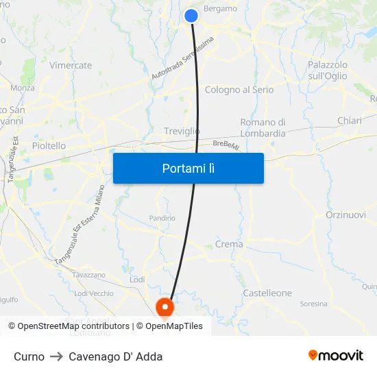 Curno to Cavenago D' Adda map