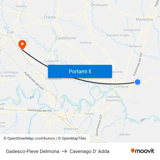 Gadesco-Pieve Delmona to Cavenago D' Adda map