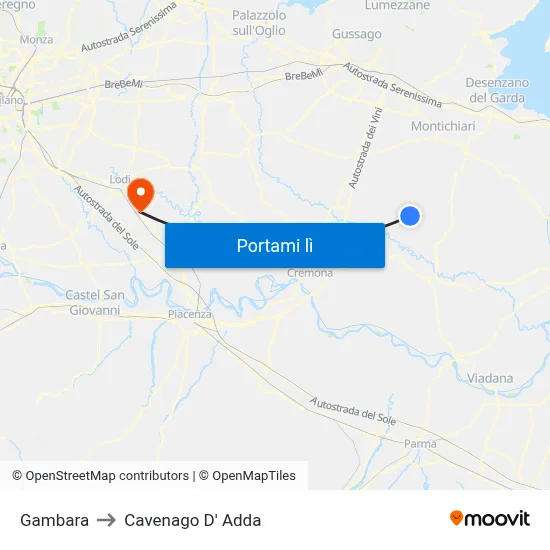 Gambara to Cavenago D' Adda map