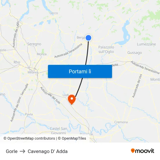 Gorle to Cavenago D' Adda map
