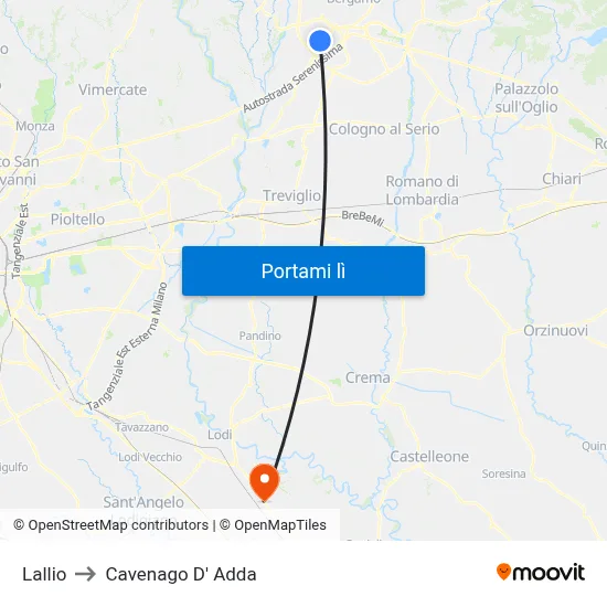 Lallio to Cavenago D' Adda map