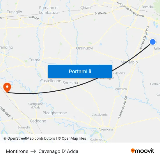 Montirone to Cavenago D' Adda map