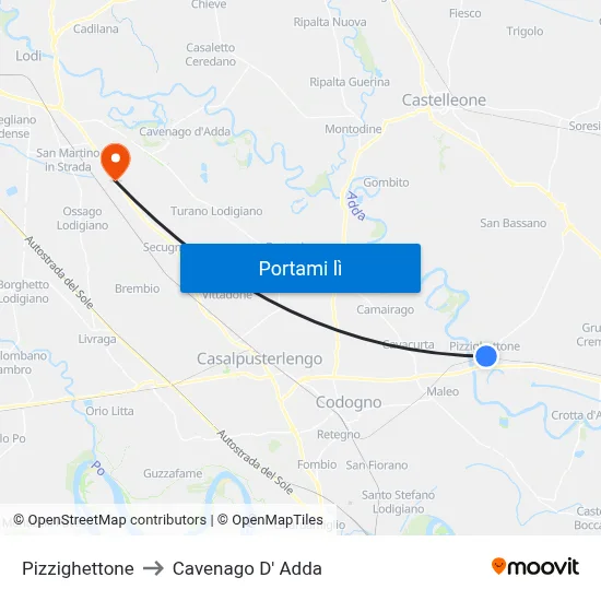 Pizzighettone to Cavenago D' Adda map