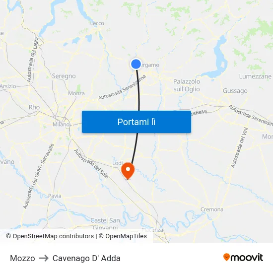 Mozzo to Cavenago D' Adda map