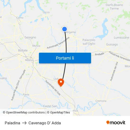 Paladina to Cavenago D' Adda map