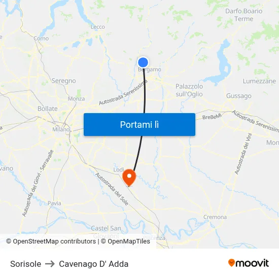Sorisole to Cavenago D' Adda map
