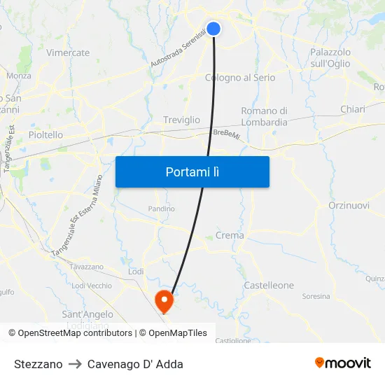 Stezzano to Cavenago D' Adda map
