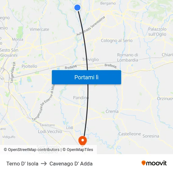 Terno D' Isola to Cavenago D' Adda map