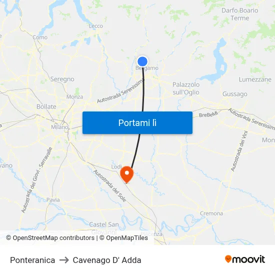 Ponteranica to Cavenago D' Adda map