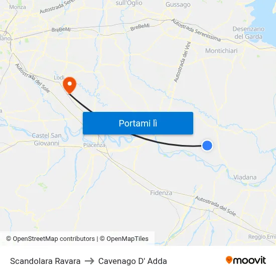 Scandolara Ravara to Cavenago D' Adda map