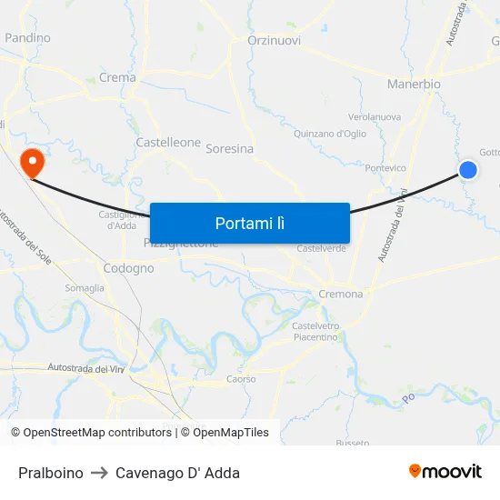 Pralboino to Cavenago D' Adda map