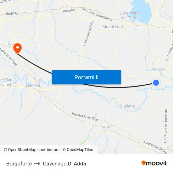 Borgoforte to Cavenago D' Adda map