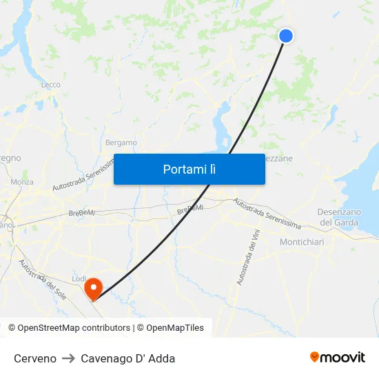 Cerveno to Cavenago D' Adda map
