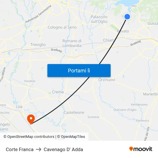 Corte Franca to Cavenago D' Adda map
