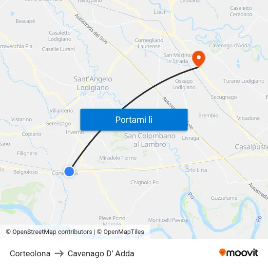Corteolona to Cavenago D' Adda map