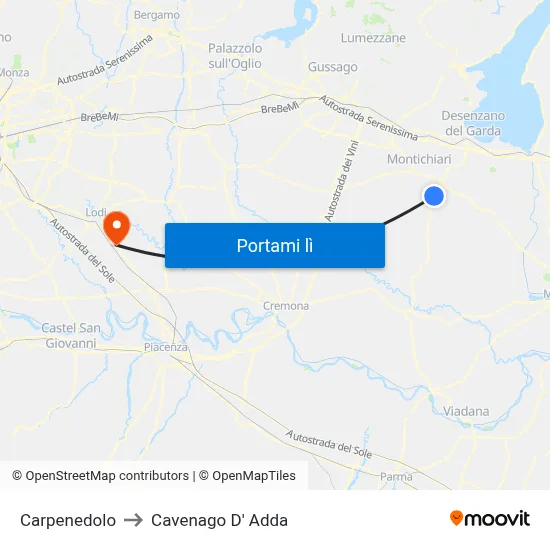 Carpenedolo to Cavenago D' Adda map