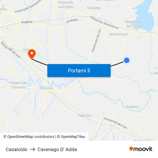 Casaloldo to Cavenago D' Adda map